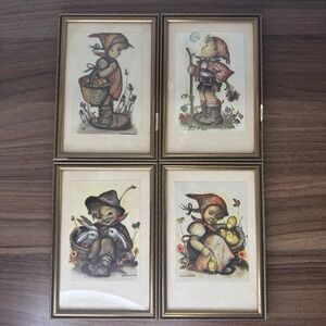 Antique Original Set‎ Of 4 Hummel Prints, Made In Germany, Gold Frames, 5x7.5"
